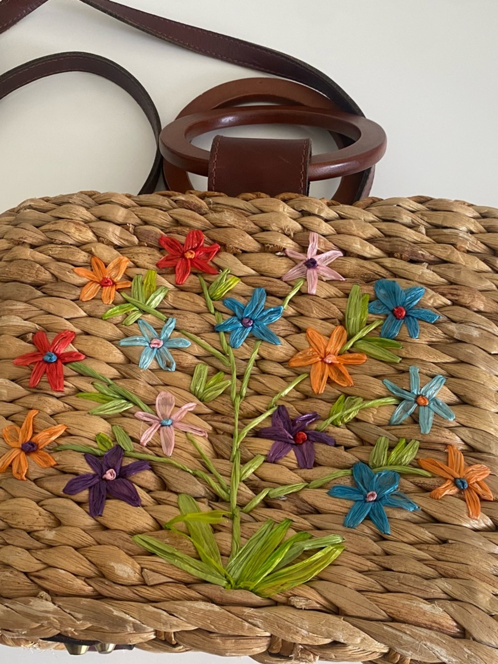 Patricia Nash Woven  Straw Floral Embroidered Crossbody Bag Brown Ring Handles - Picture 12 of 14